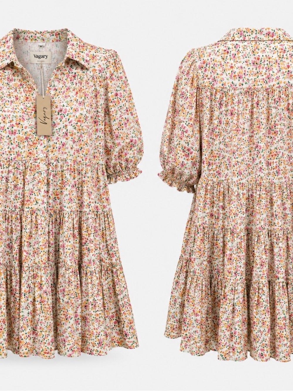 Cream Floral Tiered Midi Dress
